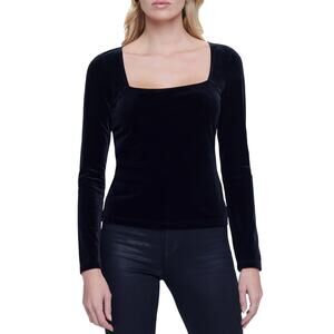 L’Agence Kinley Velvet Square Neck Top Black Small Stretch Long Sleeve